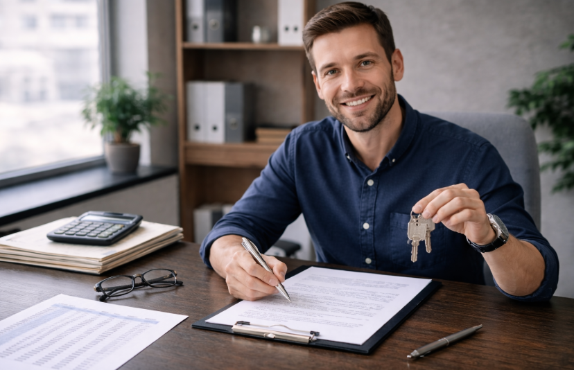 Zins Laufzeit Tilgung – Mann sitzt am Schreibtisch nach Kreditabschluss mit unterschriebenen Unterlagen und Schlüsseln in ruhiger, sachlicher Büroumgebung