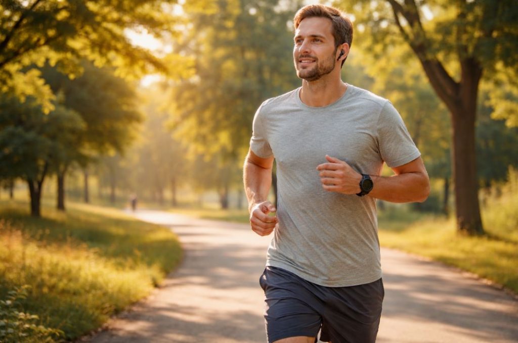 Mann läuft entspannt bei schönem Wetter im niedrigen Pulsbereich – Beispiel für Zone 2 Lauftraining mit Fokus auf Ausdauer und Regelmäßigkeit.