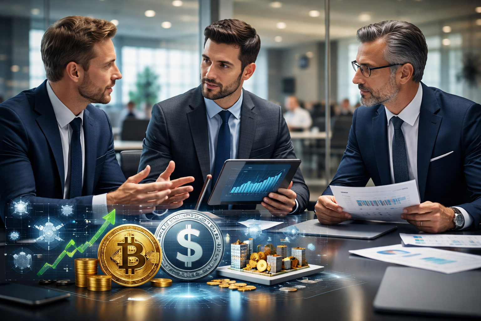 Geschäftsleute in moderner Finanzumgebung diskutieren Kryptowährungen, Stablecoins und Tokenisierung