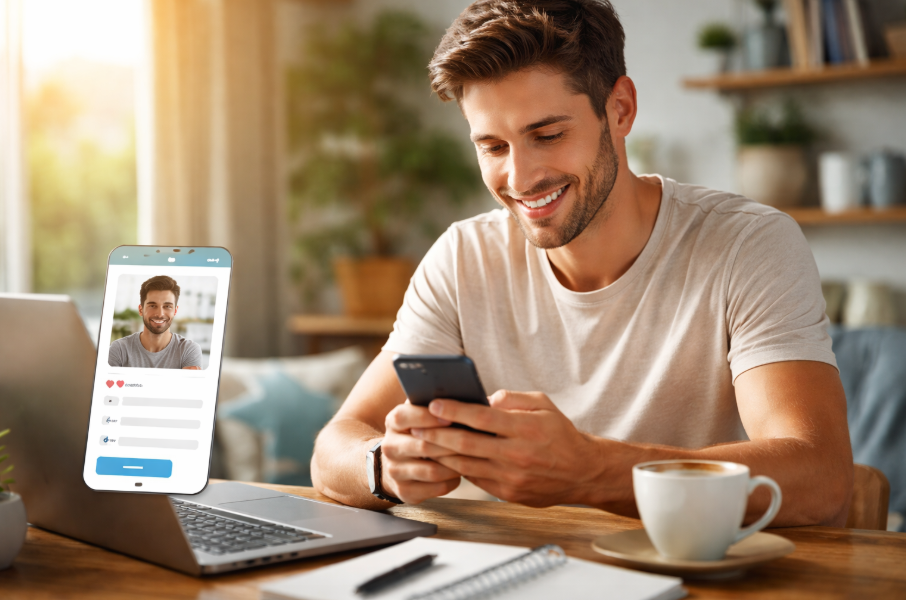 Dating Profil erstellen: Mann bearbeitet sein Profil auf dem Smartphone zu Hause