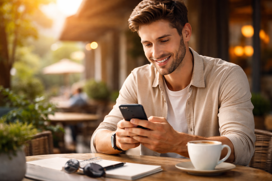 Dating Profil erstellen: Mann schaut zufrieden auf sein Smartphone nach dem Bearbeiten seines Profils