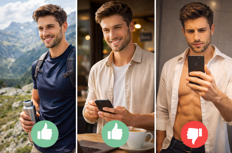 Dating Profil erstellen: Beispiele für gute Profilfotos und ein unpassendes Selfie im Vergleich