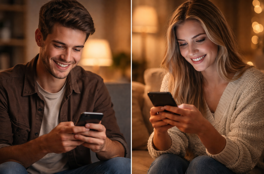 Mann und Frau schreiben sich lächelnd die erste Nachricht beim Online Dating auf ihren Smartphones in entspannter Atmosphäre