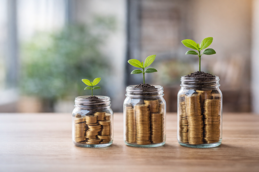 ETF einfach erklärt – Wachstum von Vermögen mit langfristiger Geldanlage dargestellt durch steigende Münzstapel mit Pflanzen