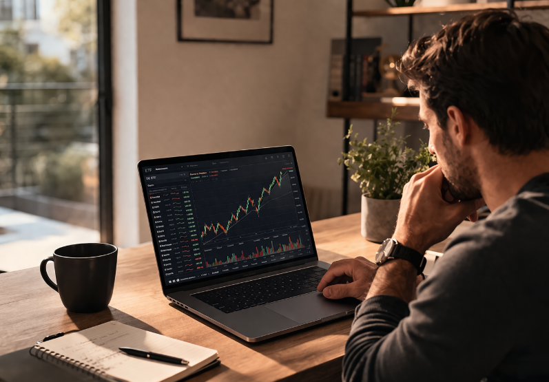 Mann am Laptop prüft ETF-Kurse in ruhiger Homeoffice-Umgebung – Illustration zum praktischen Investieren in ETFs