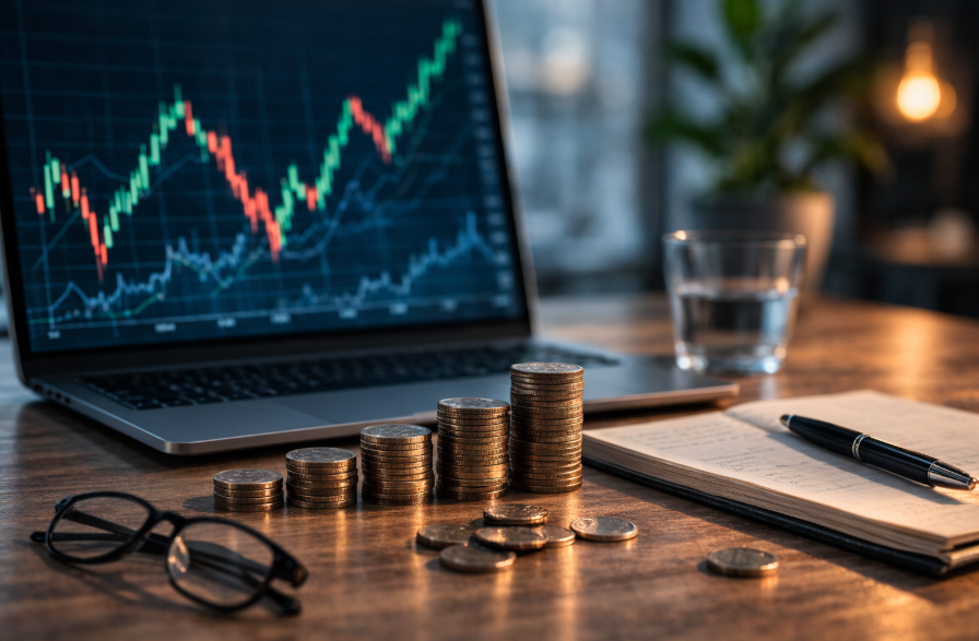 ETF Sparplan verstehen: Münzstapel vor Laptop mit schwankendem Börsenchart und Finanznotizen – Symbol für Marktschwankungen und langfristiges Investieren.