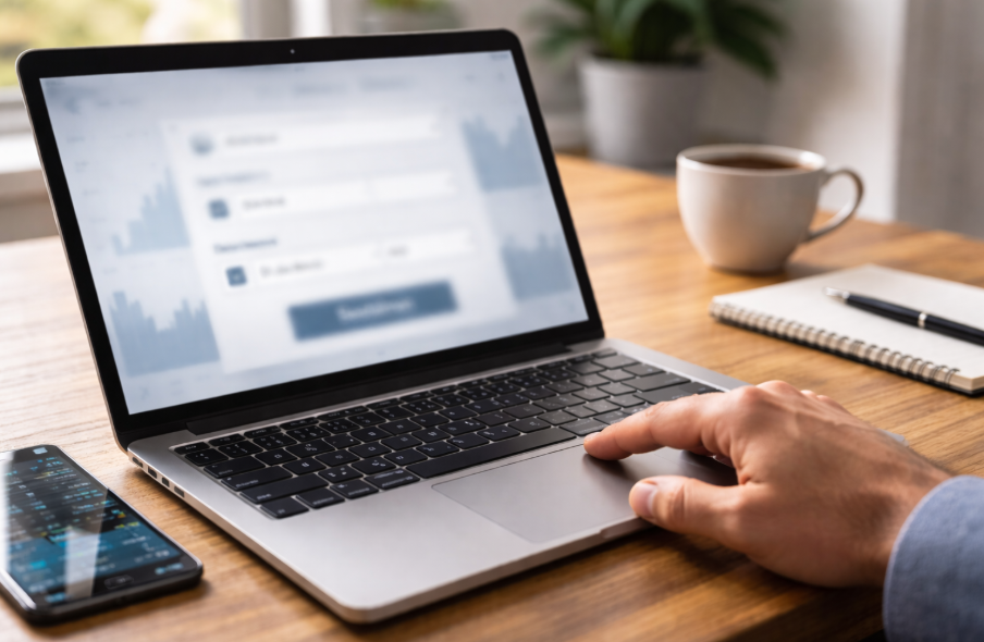 ETF Sparplan verstehen: Laptop mit verschwommener Broker-Oberfläche zur Einrichtung eines Sparplans auf einem Schreibtisch mit Smartphone, Notizbuch und Kaffee.