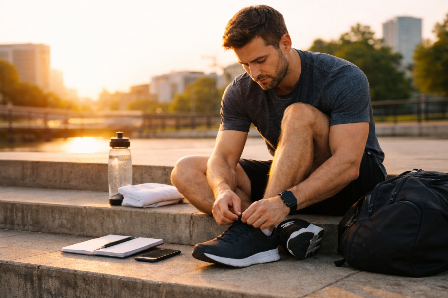 Fitness im Alltag: Mann bindet sich morgens im Sonnenaufgang die Laufschuhe als feste Trainingsroutine im urbanen Umfeld.
