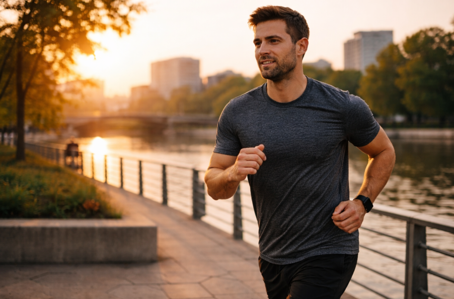Fitness im Alltag: Mann joggt entspannt am Fluss bei Sonnenuntergang als Symbol für langfristige Konsistenz und Routine.