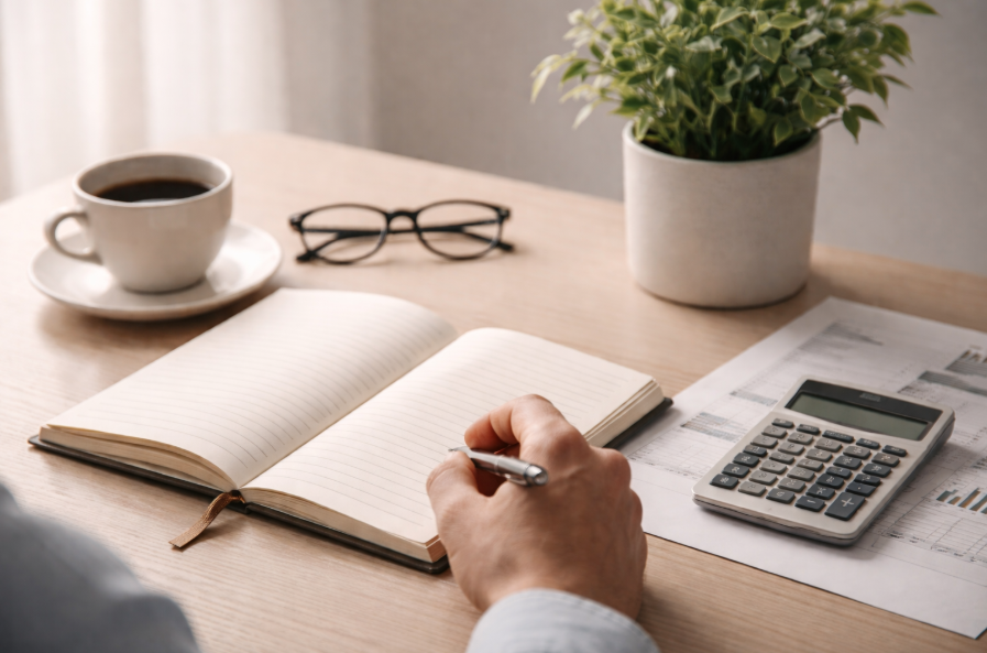 Investieren verstehen – Planung einer langfristigen Geldanlage mit Notizbuch und Taschenrechner