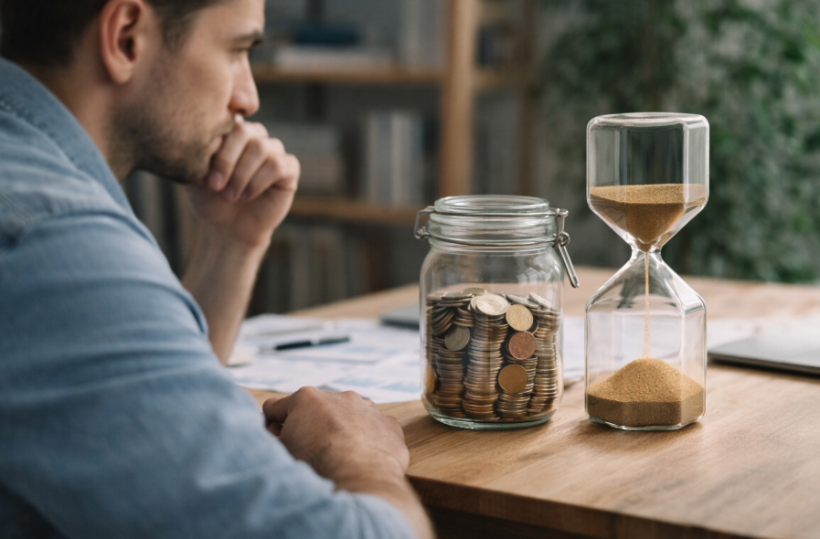 Investieren verstehen – Disziplin und Geduld beim langfristigen Vermögensaufbau mit Münzen und Sanduhr