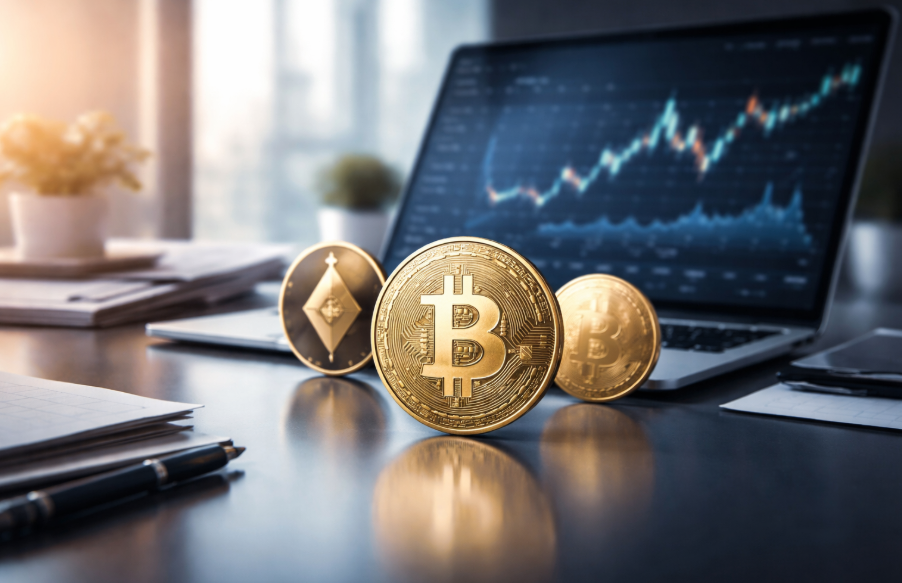 Seriöse Finanzplanung mit Kryptowährungen und Bitcoin in moderner Business-Umgebung als Einordnung von Kryptowährungen einfach erklärt