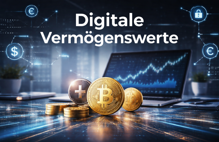 Digitale Vermögenswerte mit Kryptowährungen in moderner, futuristischer Finanzumgebung mit Laptop und Finanzdaten