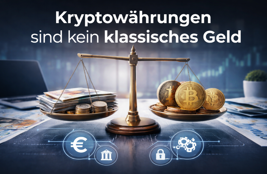 Vergleich zwischen klassischem Geld und Kryptowährungen auf Waage in moderner Finanzumgebung zur Einordnung digitaler Vermögenswerte