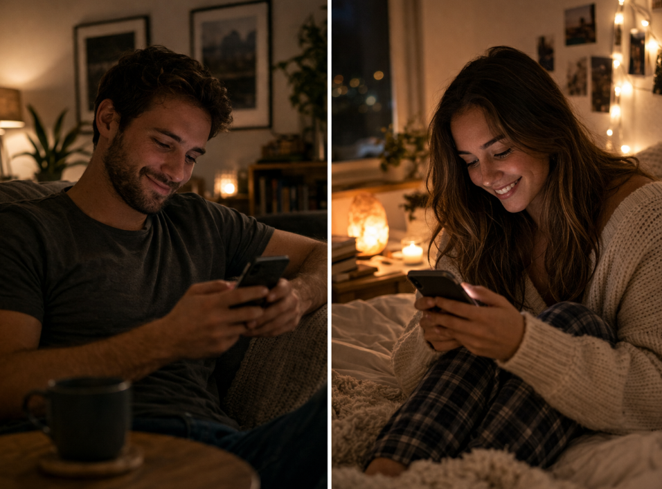 Erste Nachricht beim Online Dating – Mann und Frau schreiben sich getrennt in ihrer jeweiligen Alltagssituation