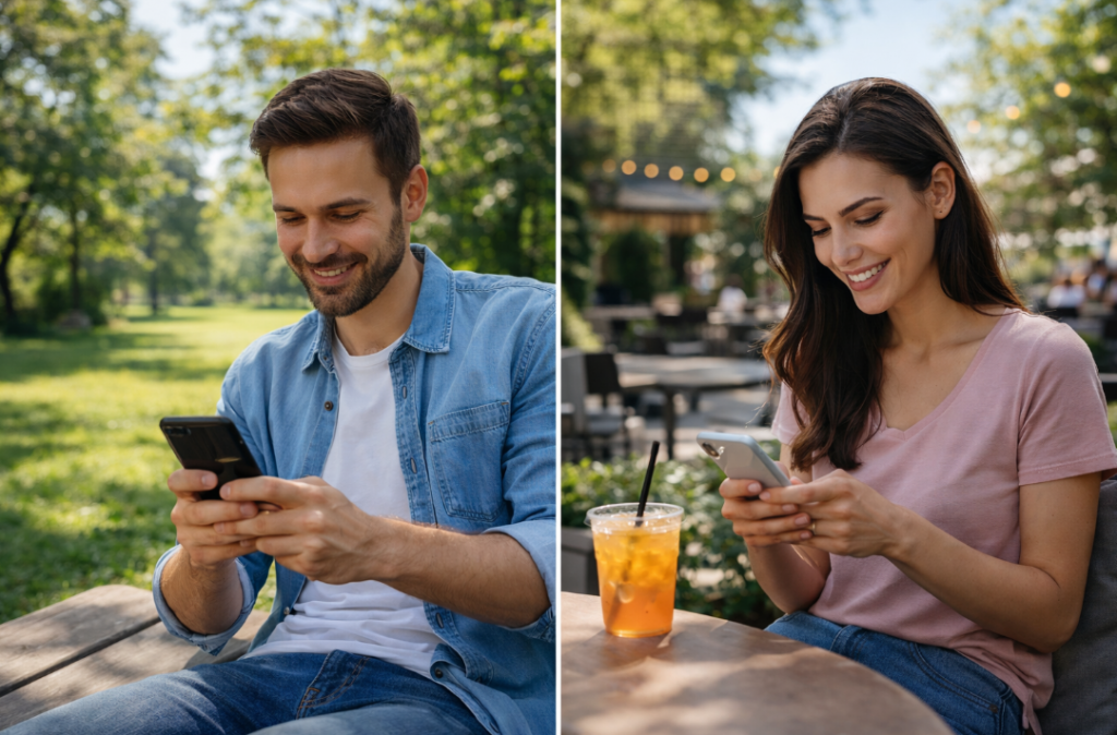 Erste Nachricht beim Online Dating – Mann im Park und Frau im Café schreiben bei schönem Wetter auf dem Smartphone