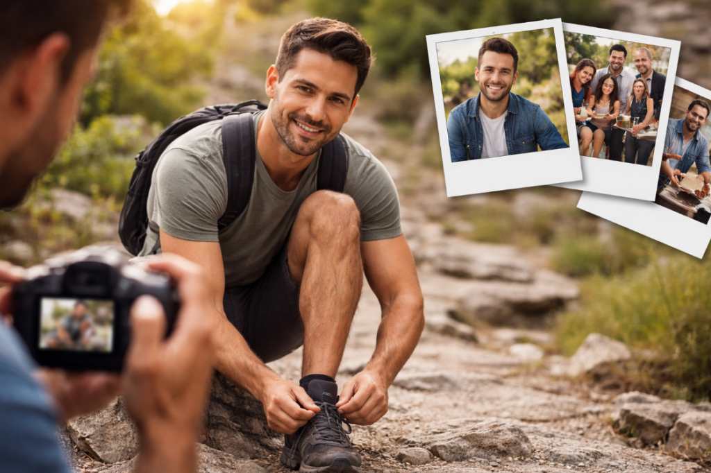 Fotos beim Online Dating – Mann erstellt authentische Profilbilder für sein Datingprofil beim Fotografieren in der Natur