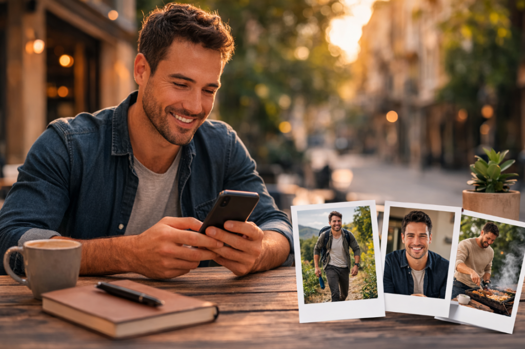 Fotos beim Online Dating – Mann lässt authentisches Profilbild für sein Datingprofil in der Natur fotografieren