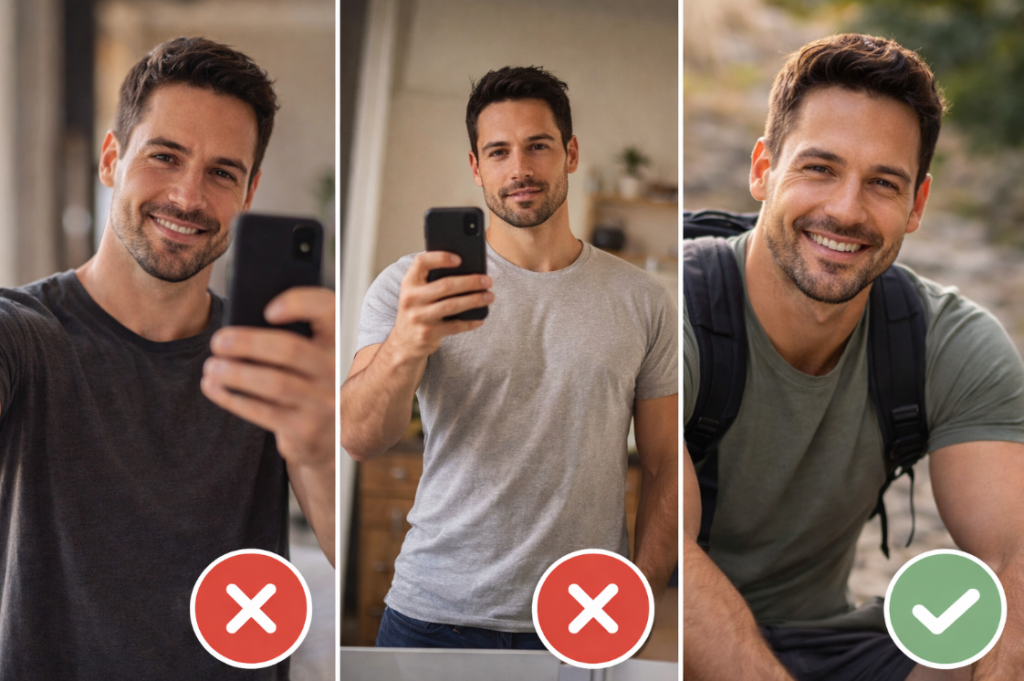 Fotos beim Online Dating – Vergleich zwischen Selfie, Spiegelbild und natürlichem Profilfoto eines Mannes