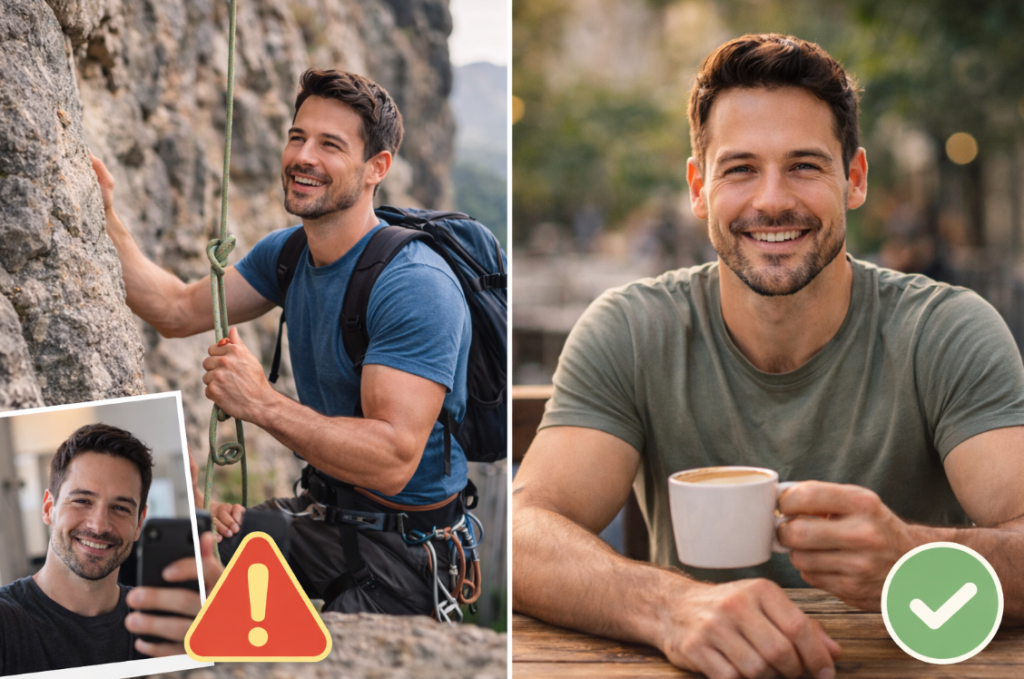 Fotos beim Online Dating – Vergleich zwischen inszenierten Profilbildern und authentischem Foto eines Mannes