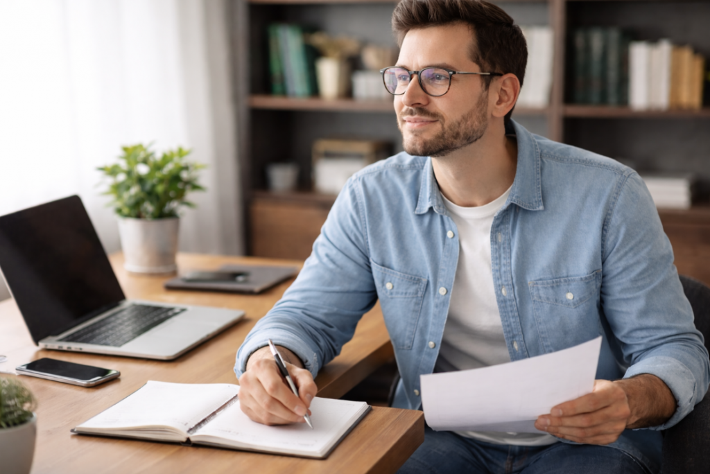 Mann prüft Unterlagen, nachdem er eine Schufa-Selbstauskunft beantragen konnte