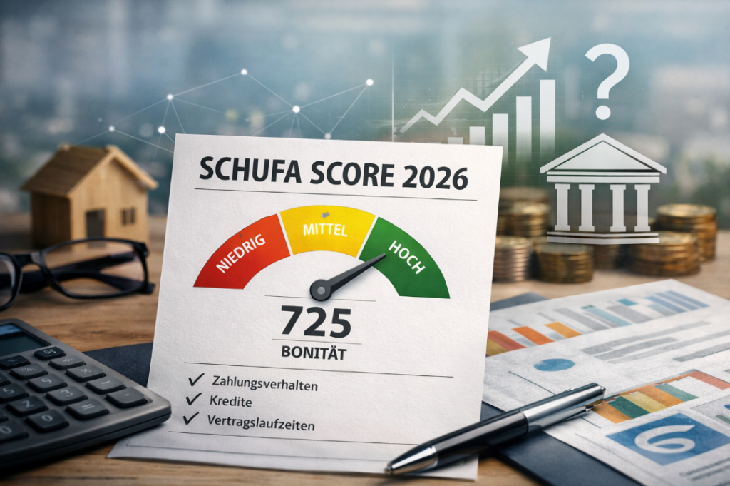 Neuer SCHUFA Score 2026 – Darstellung einer Bonitätsbewertung mit Score-Anzeige, Finanzunterlagen und Symbolen für Kredit, Bank und Bonität