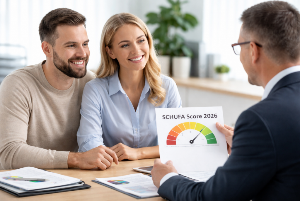Pärchen beim Finanzberater erhält Erklärung zum neuen SCHUFA Score 2026 in hellem, seriösem Beratungsgespräch