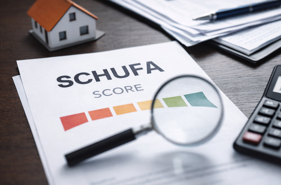 SCHUFA-Score verstehen – Dokument mit Score-Skala, Lupe und Taschenrechner auf Schreibtisch zur symbolischen Darstellung der Bonitätsbewertung
