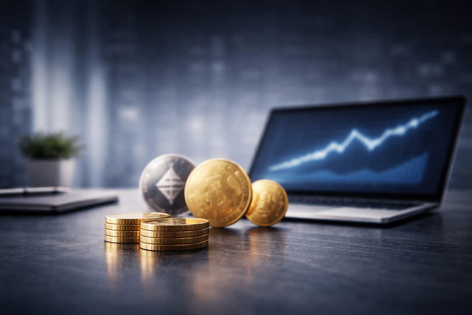 Digitale Vermögenswerte in moderner Business- und Finanzumgebung mit verschwommenen digitalen Münzen und Laptop im Hintergrund