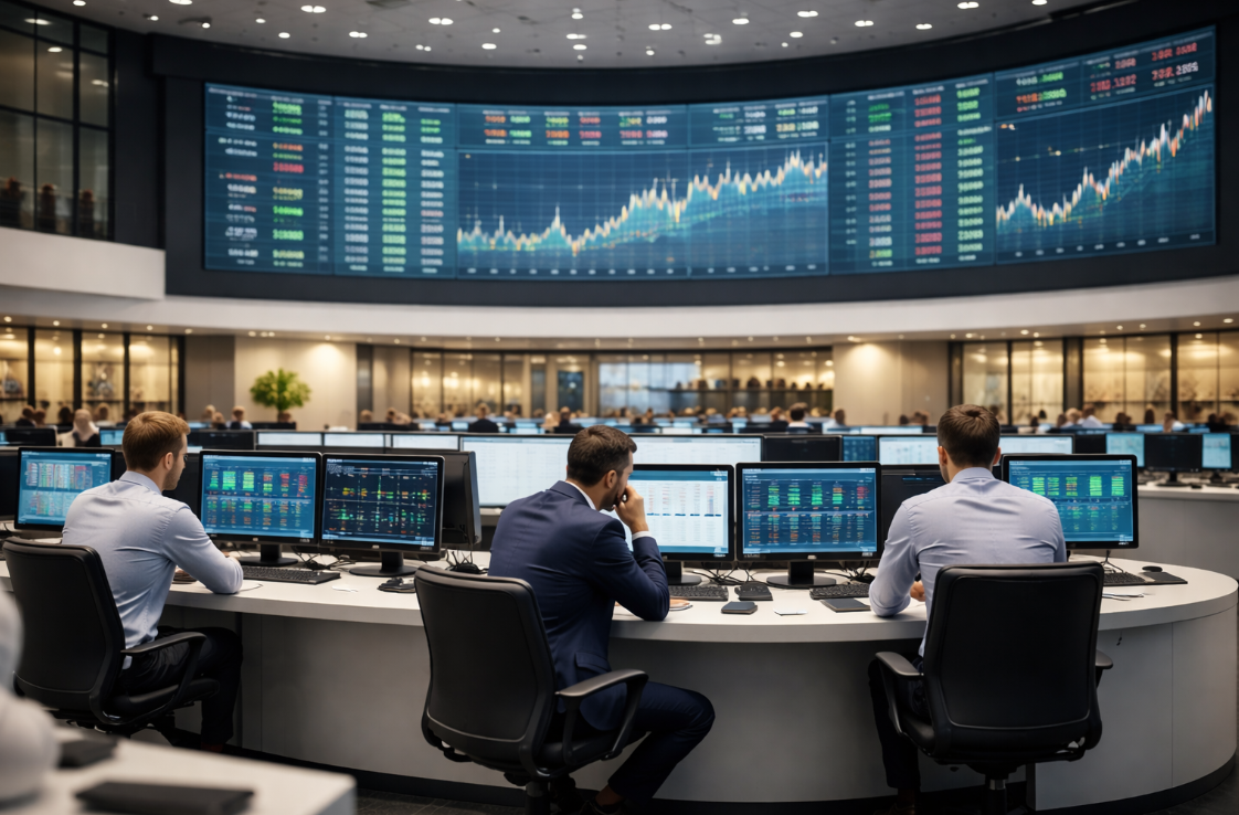 Börsensaal mit großer geschwungener Kurstafel und wenigen Händlern an Arbeitsplätzen – Symbolbild für Vermögensaufbau und langfristiges Investieren.