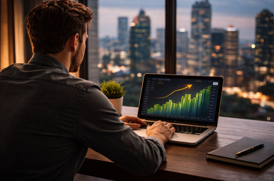 Vermögensaufbau am Laptop: Mann analysiert Finanzkurse mit Blick auf die Stadt am Abend