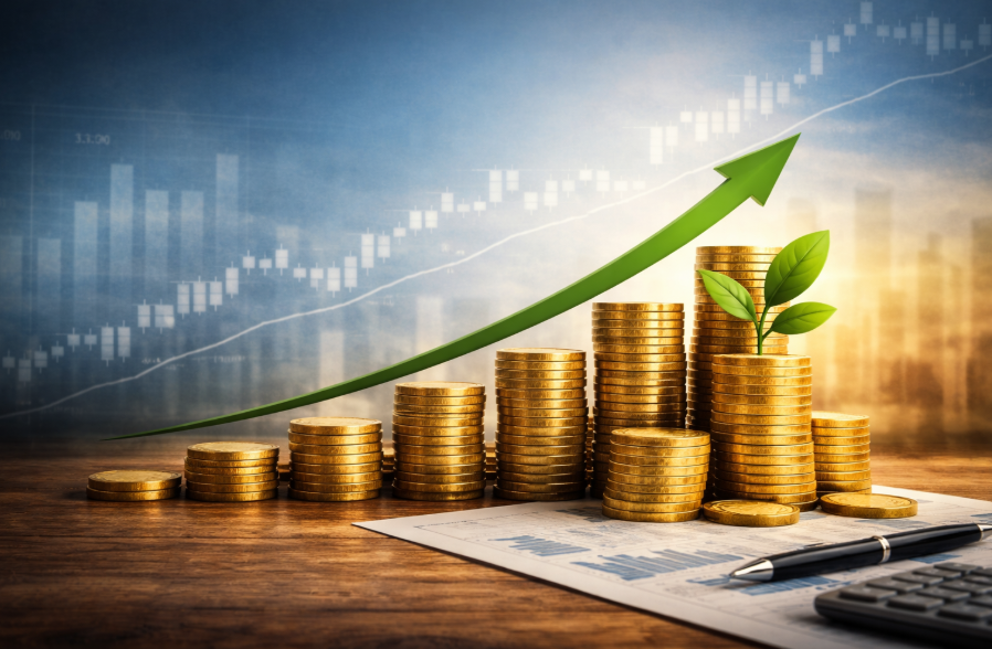 Zinseszins beim Investieren – symbolisches Wachstum durch steigende Geldstapel und langfristige Entwicklung von Kapital