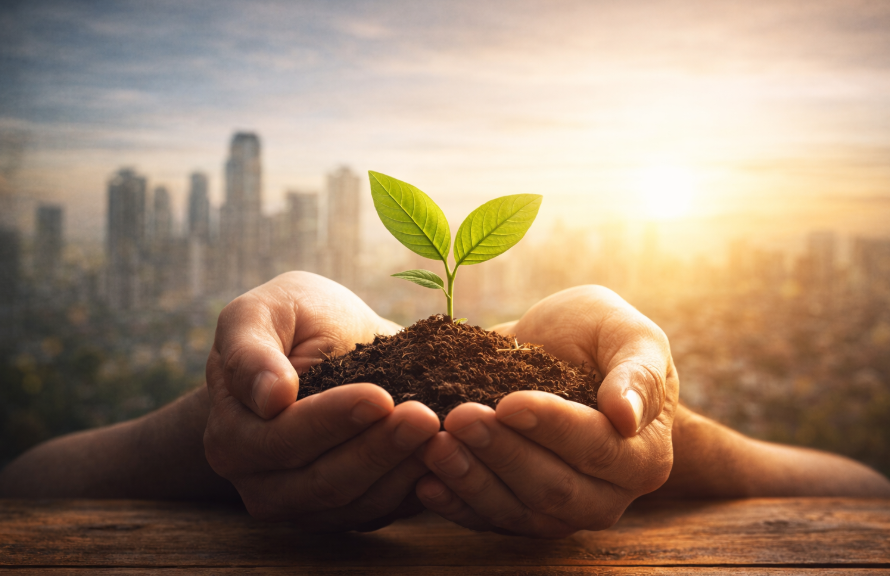 Zinseszins beim Investieren – langfristiges Wachstum und Vermögensaufbau symbolisiert durch Pflanze in Händen vor Stadt im Hintergrund