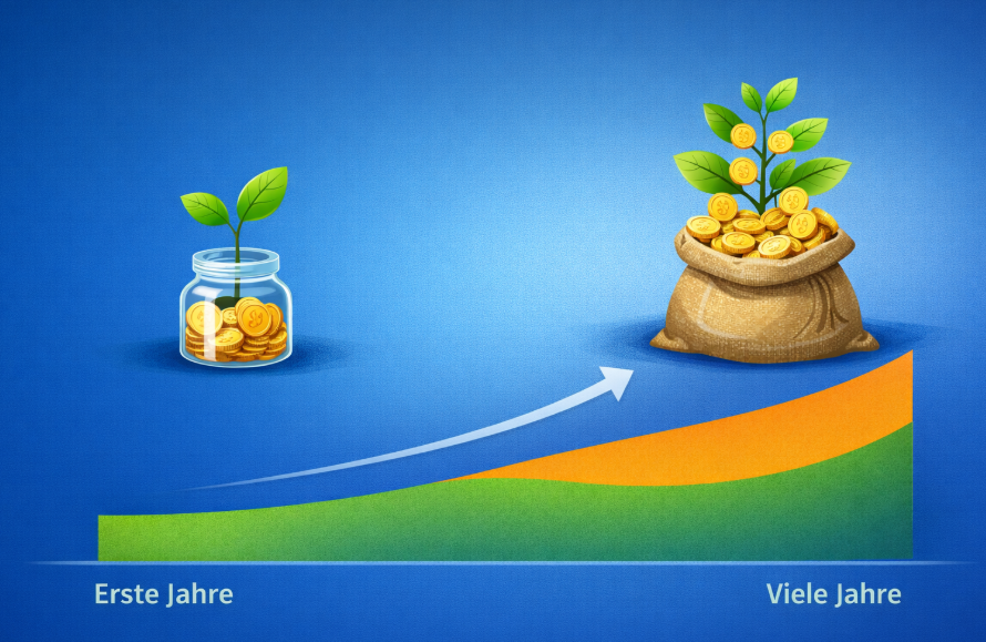 Symbolbild für Zinseszins beim Investieren mit wachsendem Vermögen über viele Jahre durch Wiederanlage und langfristige Entwicklung