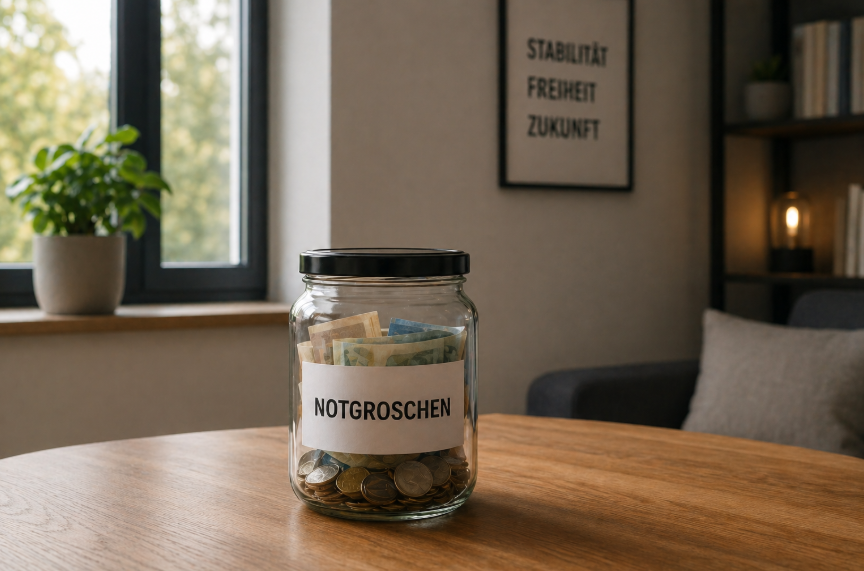 Notgroschen als erste Absicherung vor Investition – Glas mit Geldreserve in ruhiger Wohnumgebung als Symbol für finanzielle Stabilität