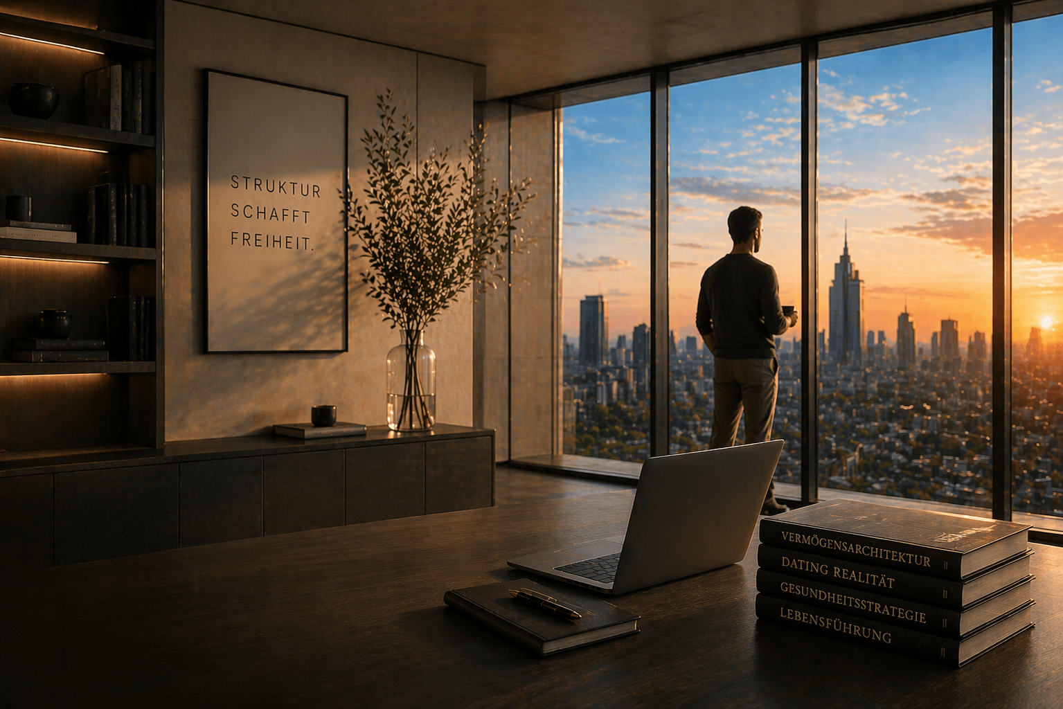 Modernes Office mit Stadtblick, Schreibtisch, Büchern und Mann am Fenster als Symbol für Struktur, Orientierung, Lebensführung und bewusste Entscheidungen – Die Männerfaktur, das Gegenmodell mit System