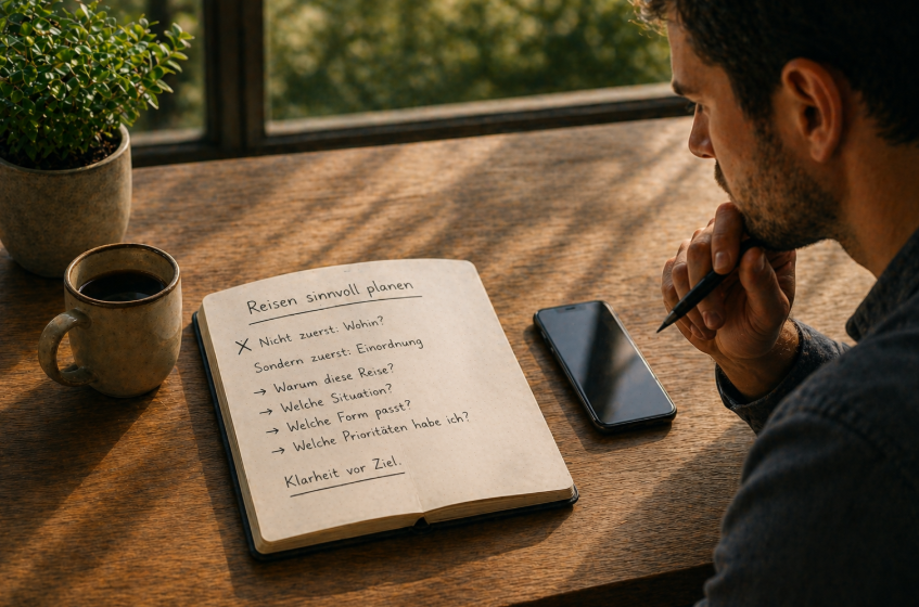 Reisen sinnvoll planen beginnt mit Einordnung: Mann reflektiert seine Reise anhand von Notizen, Smartphone und klarer Struktur am Schreibtisch
