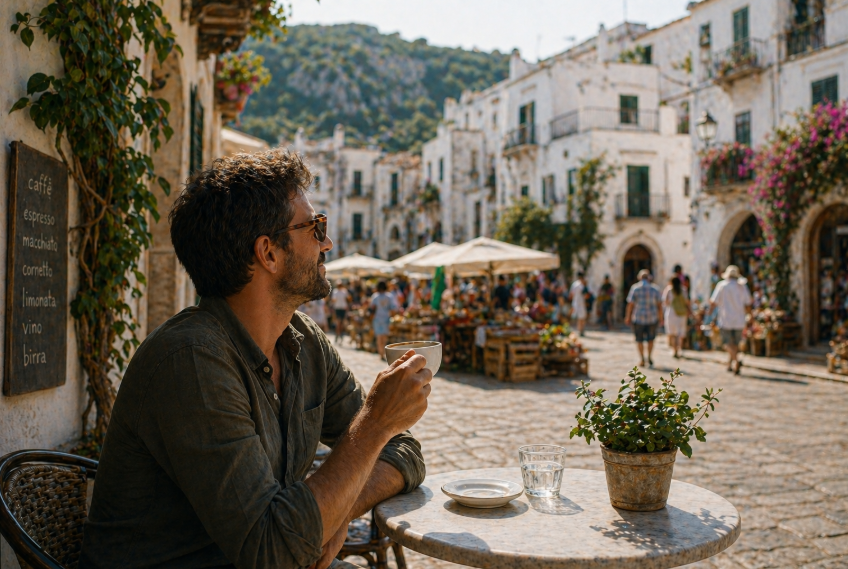 Reisen sinnvoll planen: Mann sitzt entspannt in einem kleinen italienischen Café und genießt die Atmosphäre eines lebendigen Marktplatzes ohne feste Planung