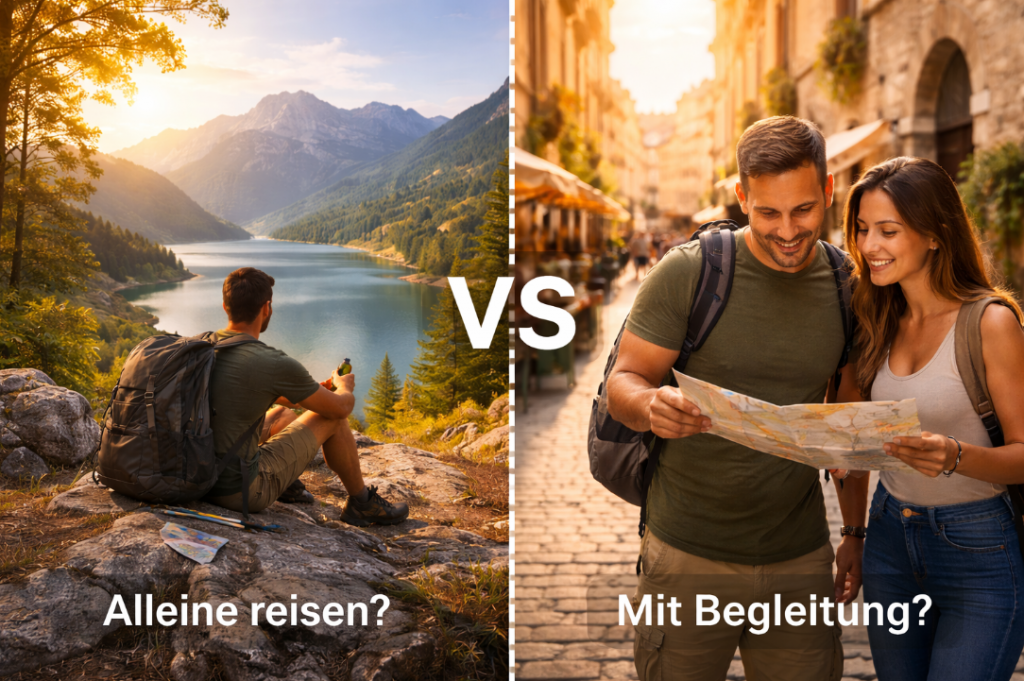 Allein reisen oder mit Begleitung – Vergleich zwischen Solo-Reise in der Natur und gemeinsamer Städtereise als visuelle Darstellung unterschiedlicher Reiseentscheidungen