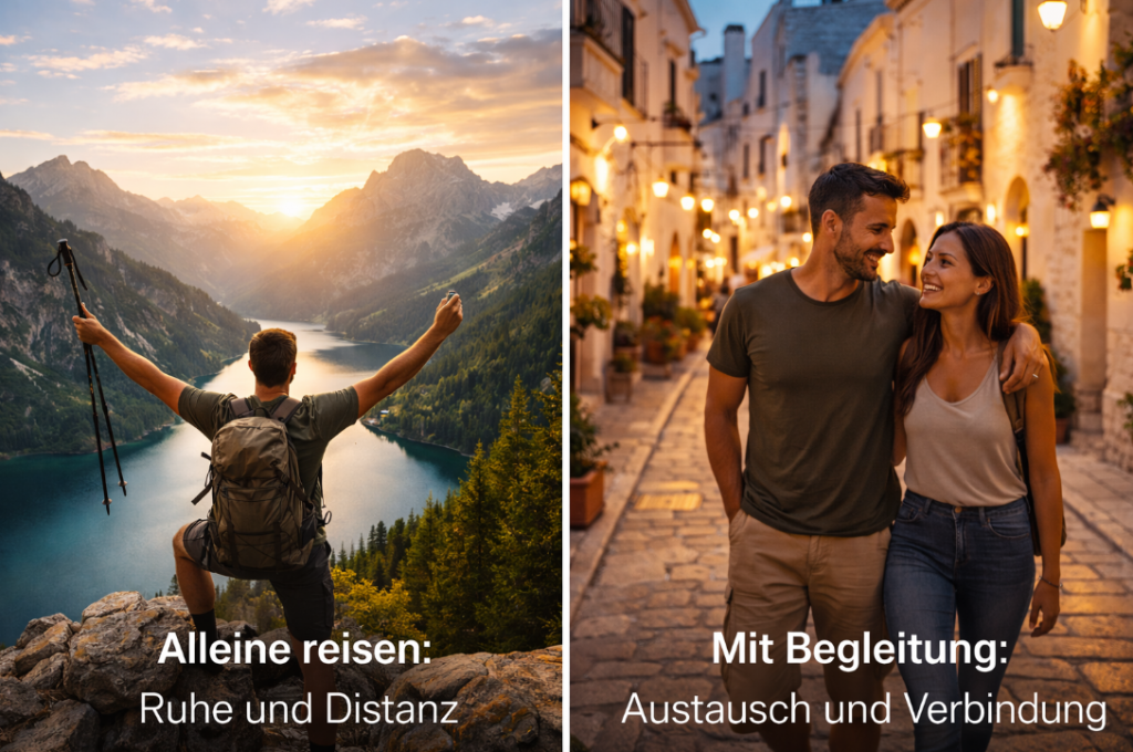 Alleine reisen oder mit Begleitung – Mann erlebt Abenteuer und Freiheit in den Bergen, während ein Paar abends durch ein italienisches Dorf spaziert und den Urlaub genießt