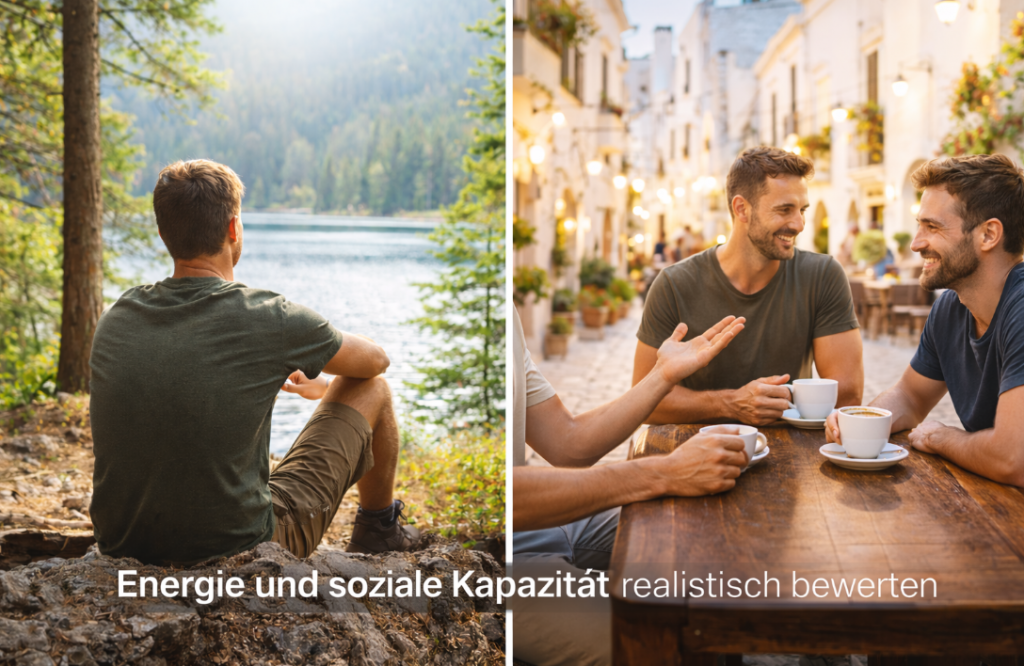 Alleine reisen oder mit Begleitung – ruhiger Mann am See und gesellige Männer in heller Altstadt als Darstellung von Energie und sozialer Kapazität beim Reisen