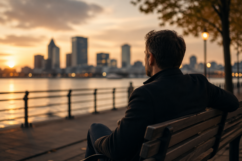 Dating Realität verstehen: Ein Mann sitzt bei Sonnenuntergang ruhig am Wasser und blickt auf die Skyline einer Stadt – symbolisch für moderne Partnersuche, Reflexion, Erwartungen und echte Passung.