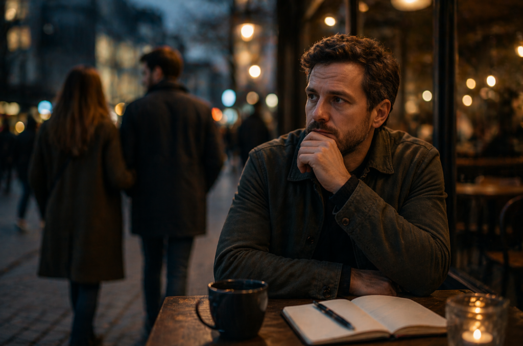 Dating Realität im Alltag: Ein Mann sitzt abends nachdenklich in einem Café in der Stadt und beobachtet das Umfeld – symbolisch für moderne Partnersuche, Erwartungen, emotionale Distanz und die Herausforderungen von Dating heute.