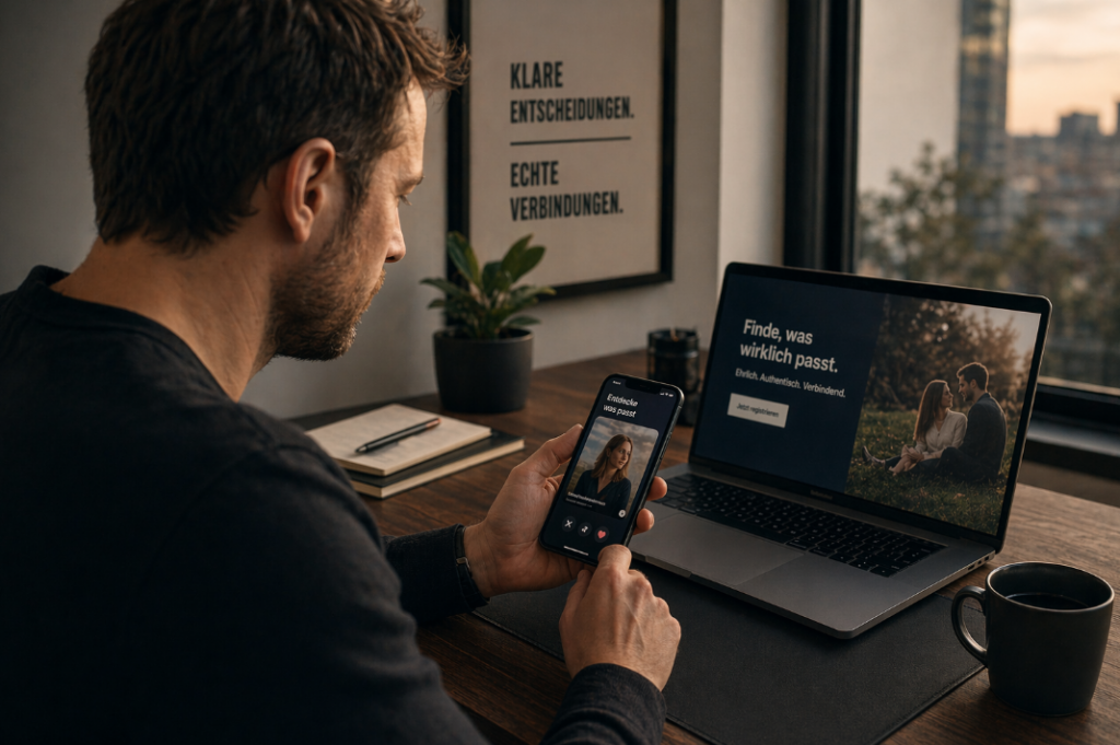 Online-Dating realistisch einordnen: Ein Mann sitzt abends konzentriert am Schreibtisch mit Smartphone und Laptop – symbolisch für Dating-Plattformen, bewusste Entscheidungen, digitale Partnersuche und moderne Dating Realität.