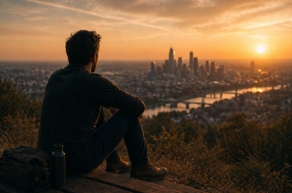 Dating Realität und echte Passung: Ein Mann sitzt bei Sonnenuntergang ruhig über einer Stadt und blickt nachdenklich in die Ferne – symbolisch für Klarheit, Beziehungskompatibilität, Lebensphase und bewusste Entscheidungen im Dating.