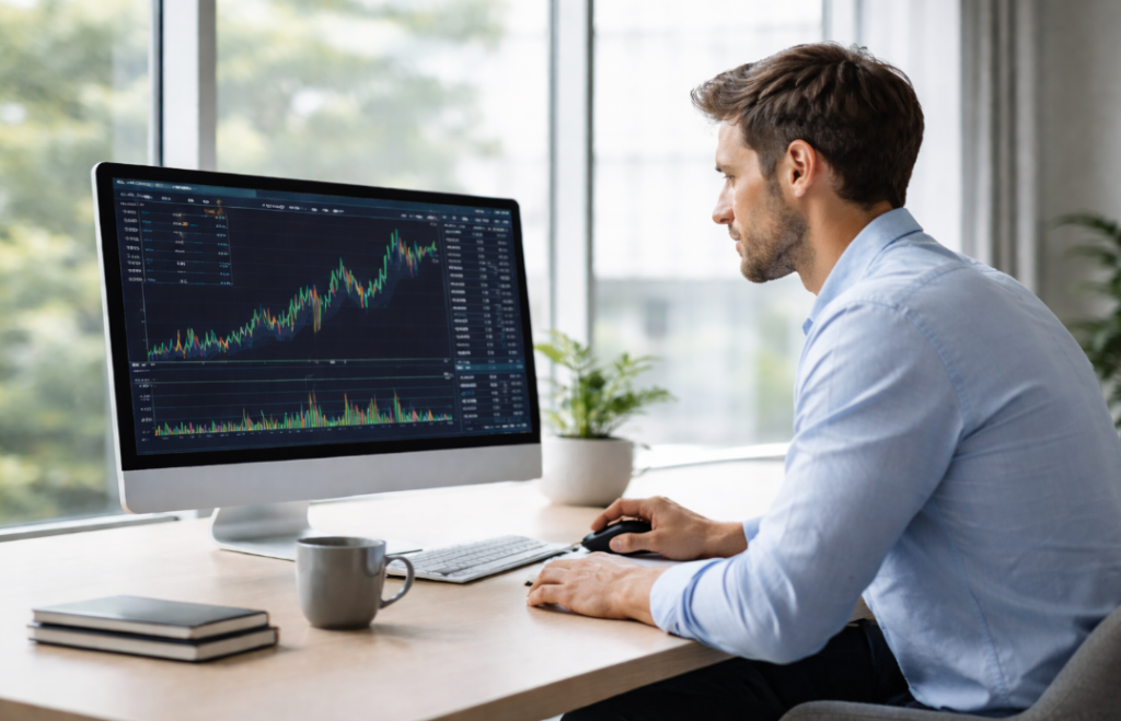 Mann analysiert Kursentwicklung am Bildschirm beim Depot eröffnen für ETFs