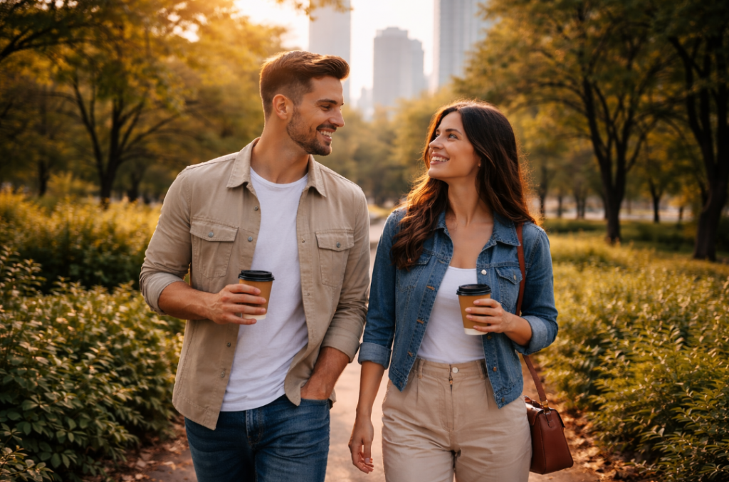 Erstes Date in entspannter Atmosphäre – Mann und Frau spazieren im Park bei Abendlicht mit Großstadt im Hintergrund