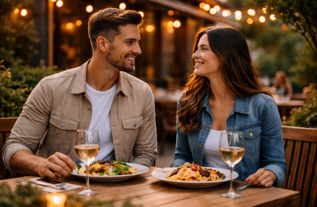 Erstes Date im Restaurant bei Abendlicht – Mann und Frau sitzen draußen beim Essen und unterhalten sich in entspannter Atmosphäre