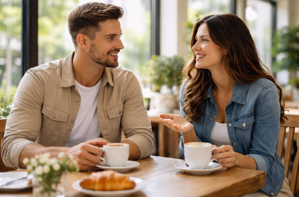 Erstes Date im Café bei Tageslicht – Mann und Frau sitzen entspannt beim Kaffee und unterhalten sich