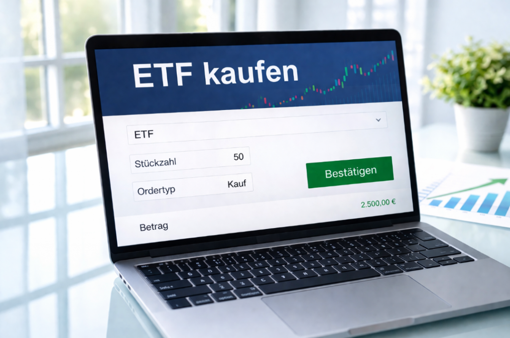 ETF kaufen – Laptop mit Ordermaske für ETF-Kauf auf hellem Arbeitsplatz mit Glastisch und natürlichem Licht